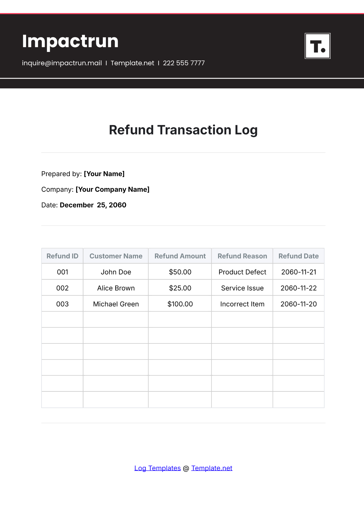 Free Refund Transaction Log Template to Edit Online