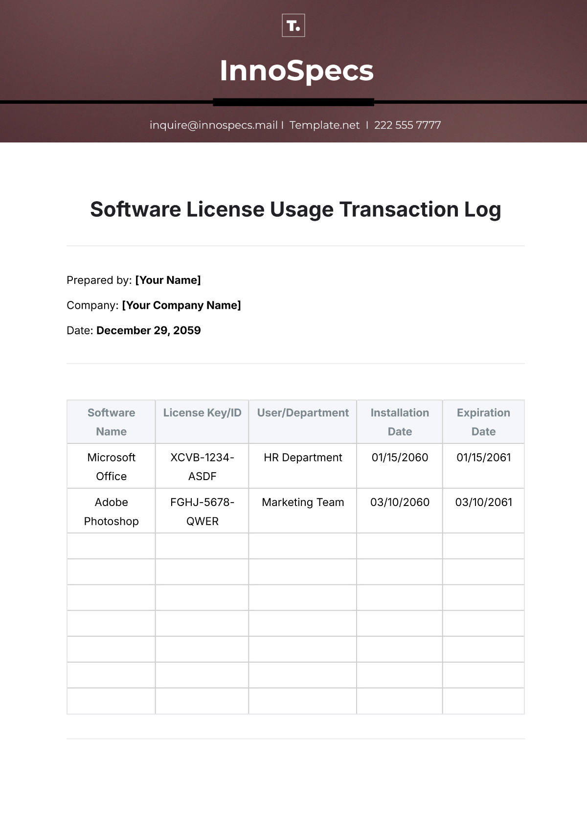 Software License Usage Transaction Log Template - Edit Online & Download