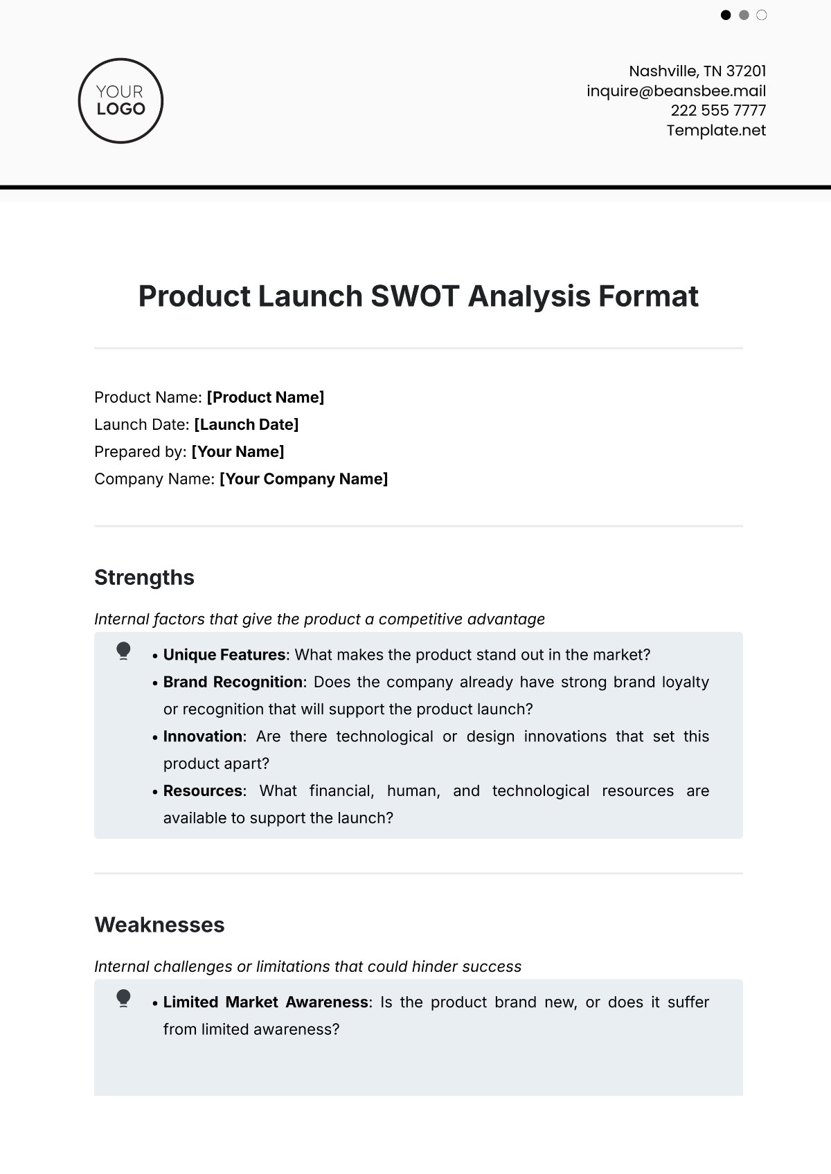 Product Launch SWOT Analysis Format Template - Edit Online & Download