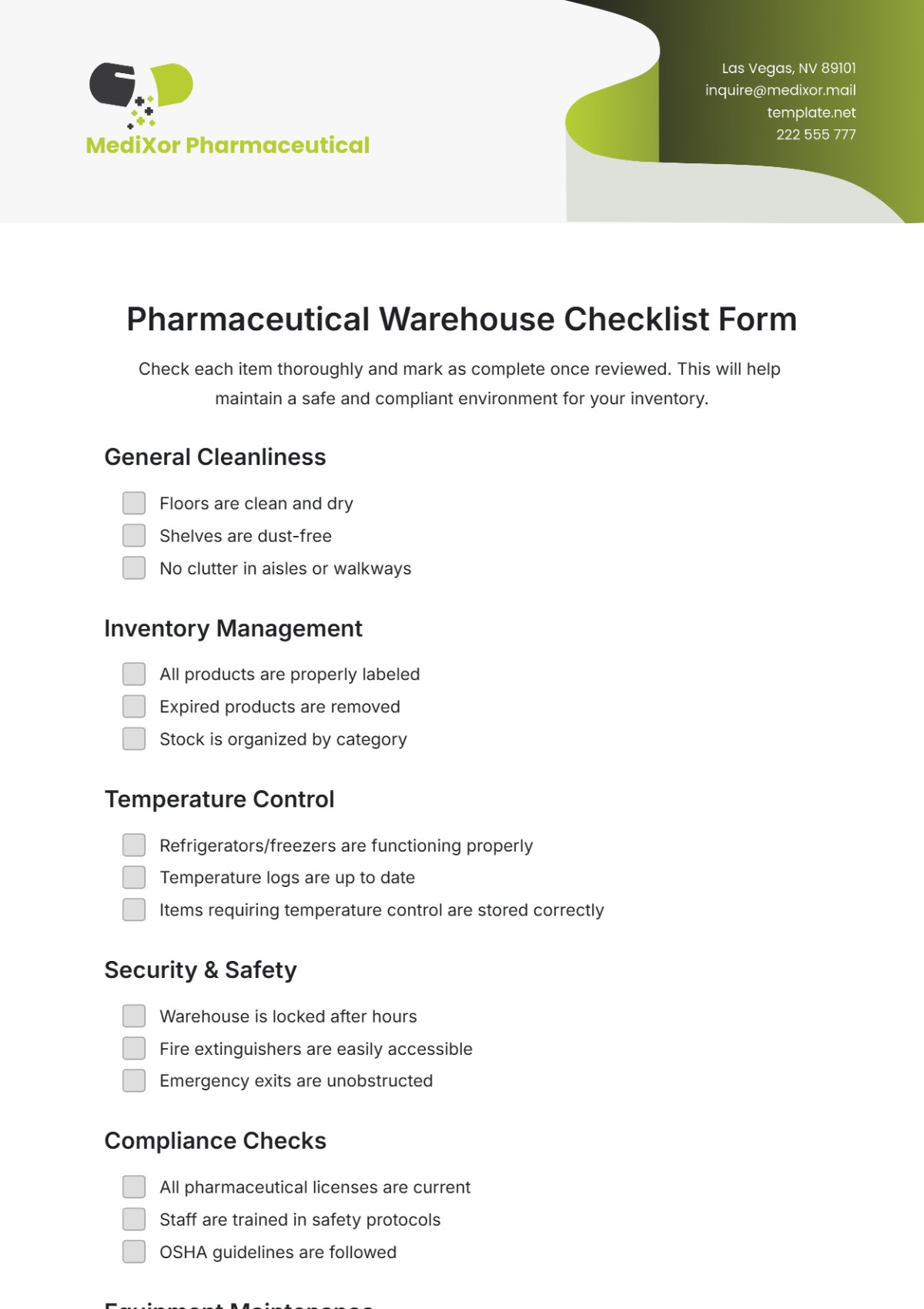 Pharmaceutical Warehouse Checklist Form Template - Edit Online & Download