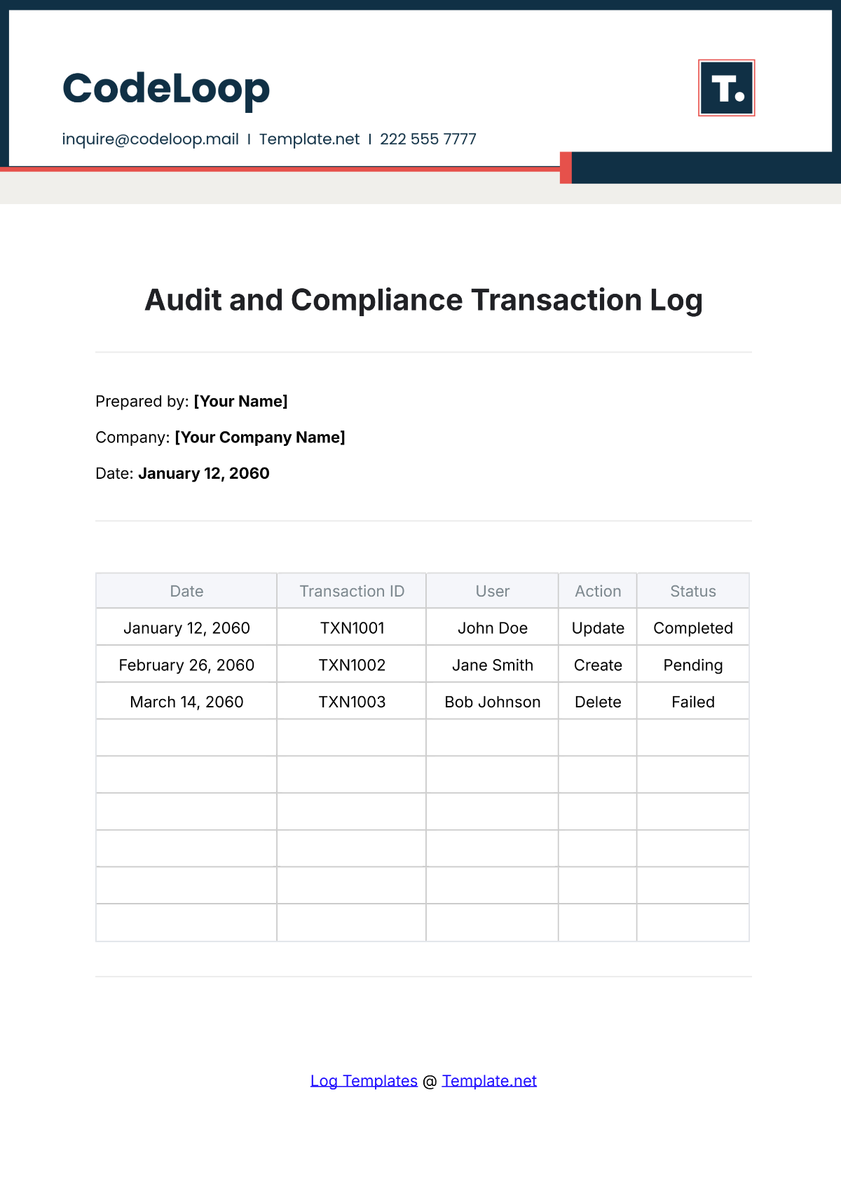 Audit and Compliance Transaction Log Template - Edit Online & Download