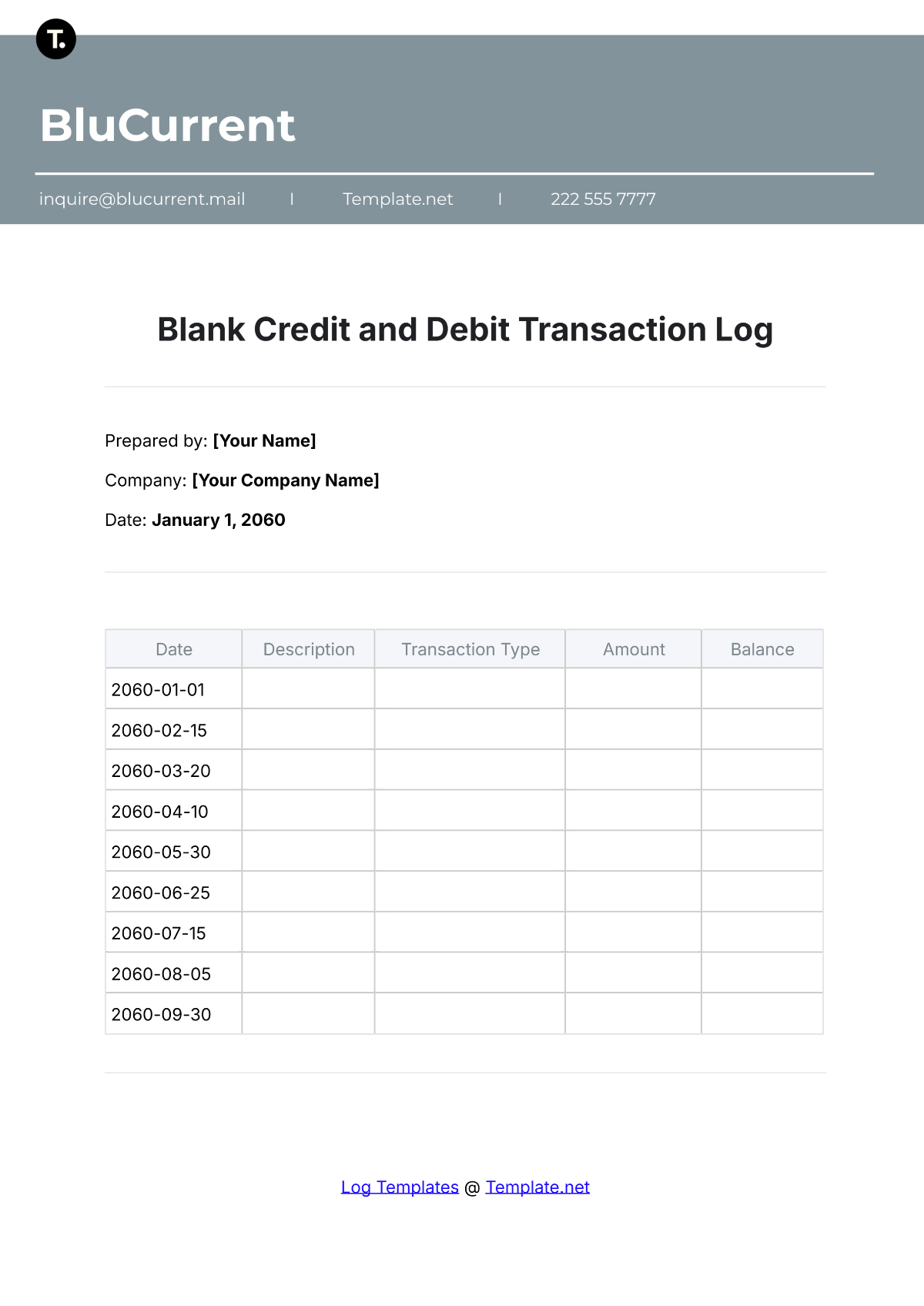 Blank Credit and Debit Transaction Log Template - Edit Online & Download