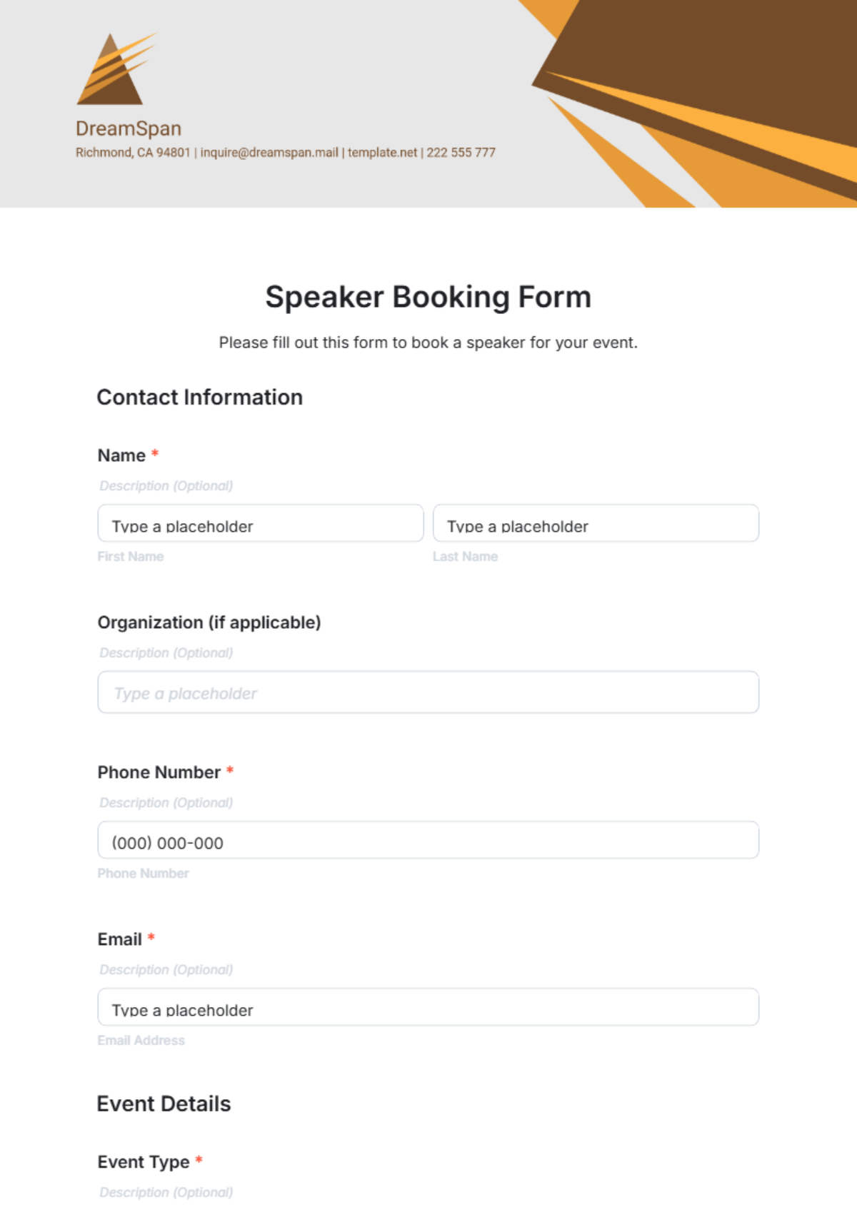 Speaker Booking Form Template - Edit Online & Download