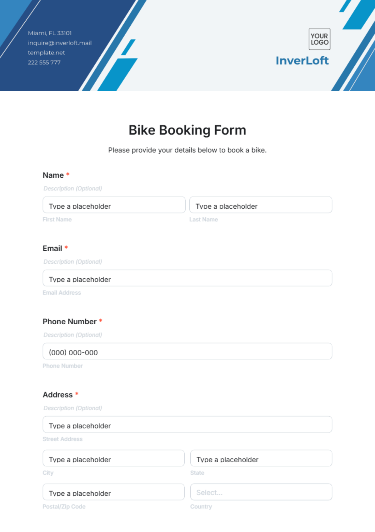 Bike Booking Form Template - Edit Online & Download