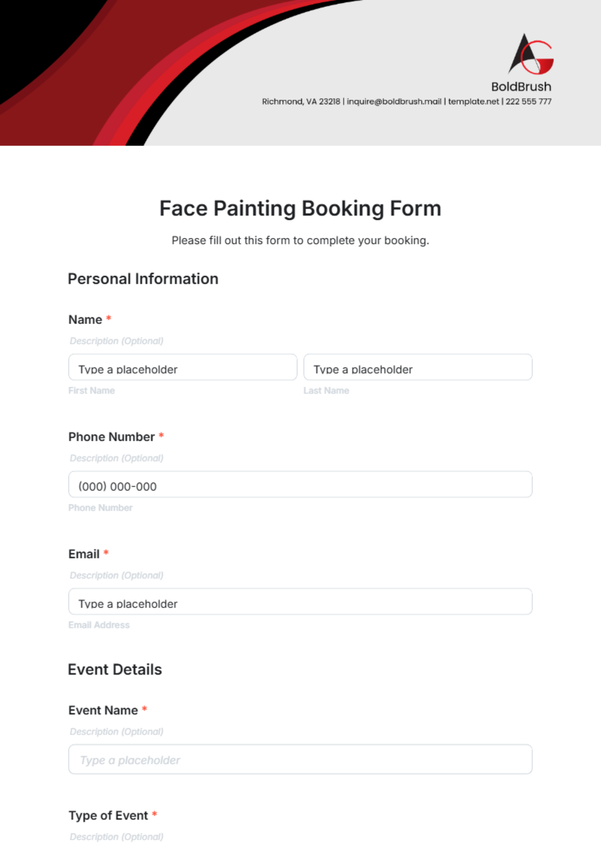 Face Painting Booking Form Template - Edit Online & Download