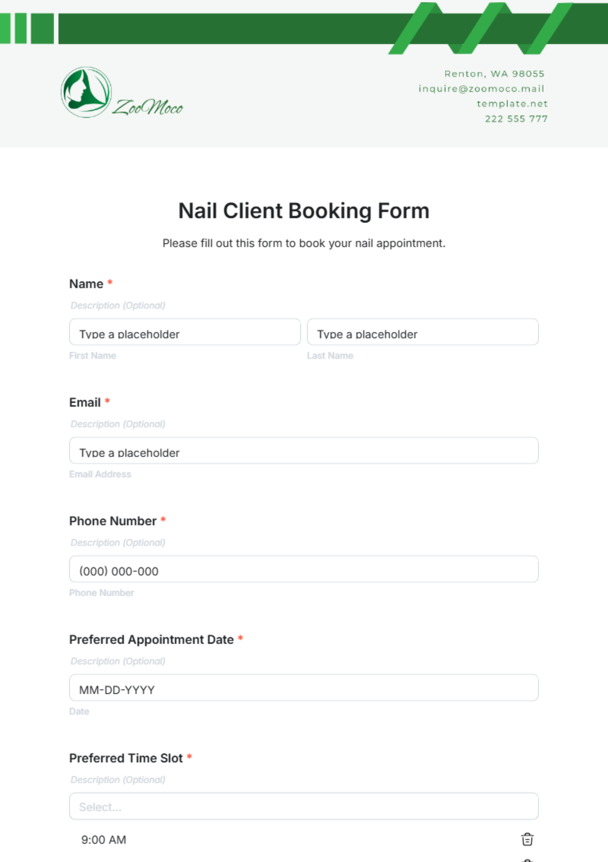 Nail Client Booking Form Template - Edit Online & Download