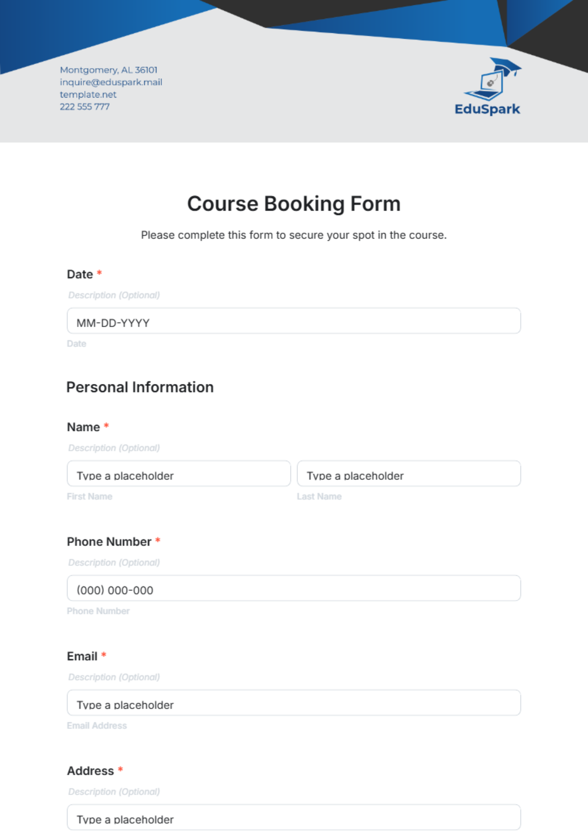 Course Booking Form Template - Edit Online & Download