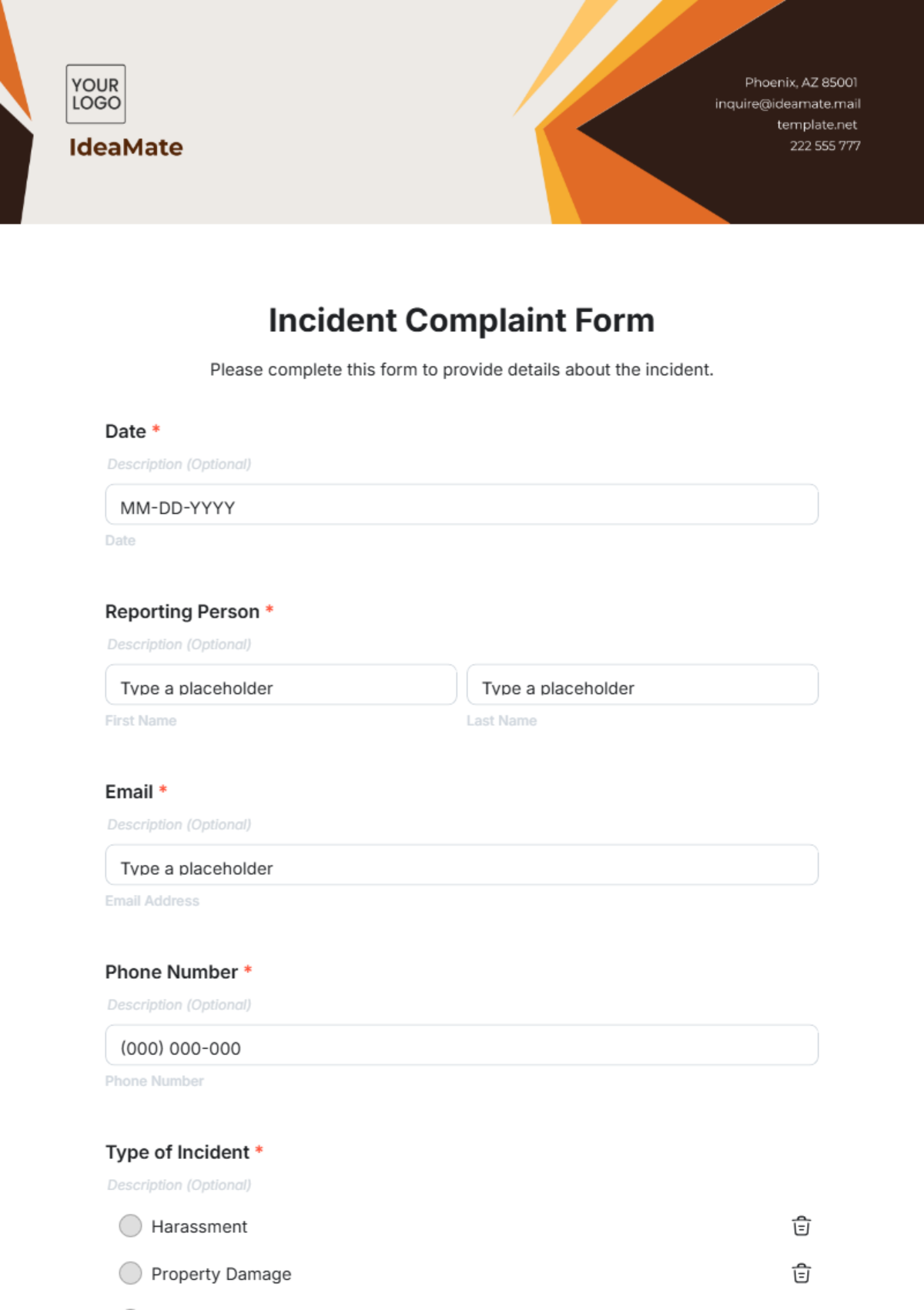 Incident Complaint Form Template - Edit Online & Download