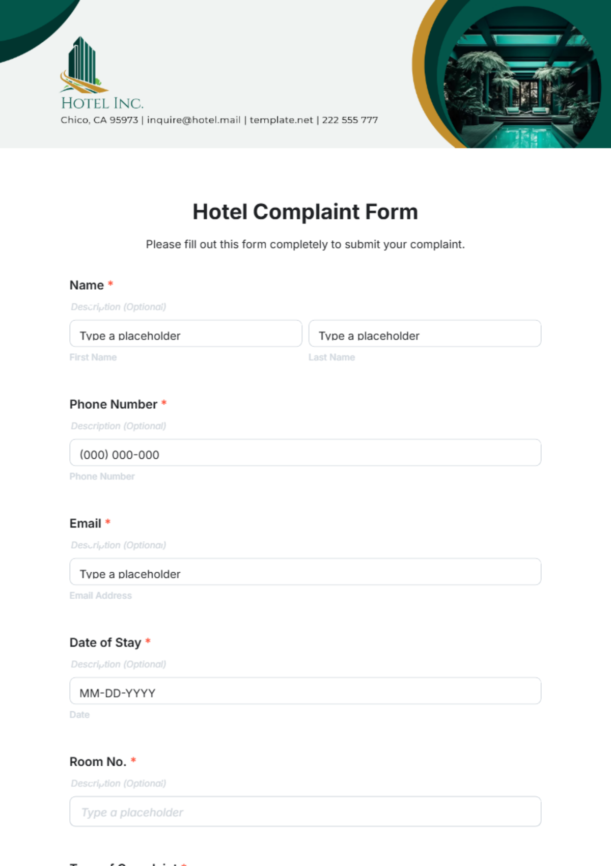 Hotel Complaint Form Template - Edit Online & Download