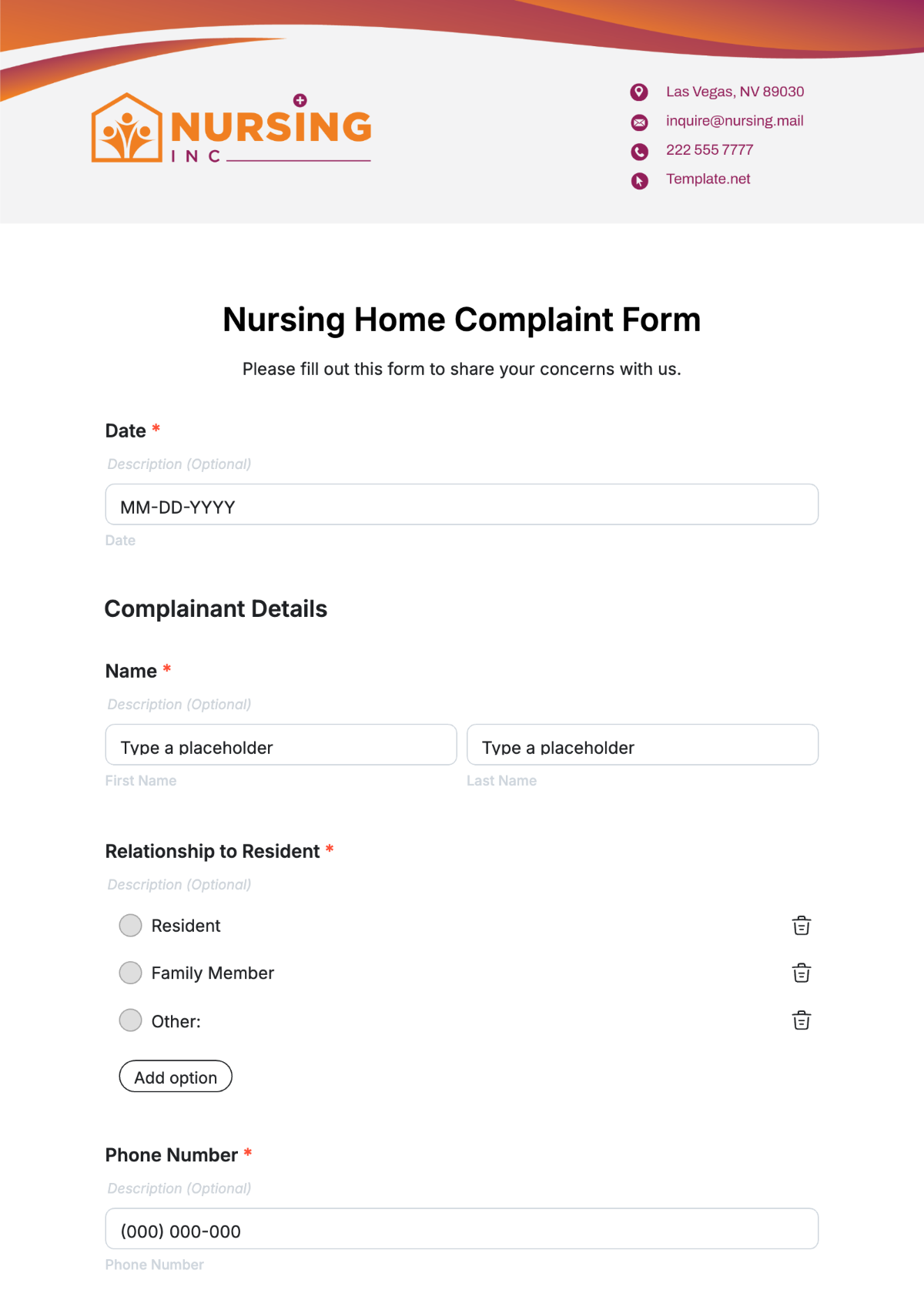 Nursing Home Complaint Form Template - Edit Online & Download