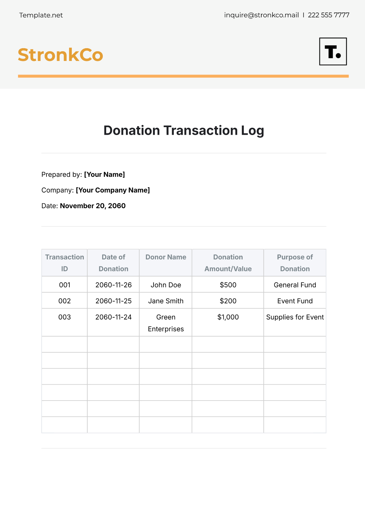 Donation Transaction Log Template - Edit Online & Download