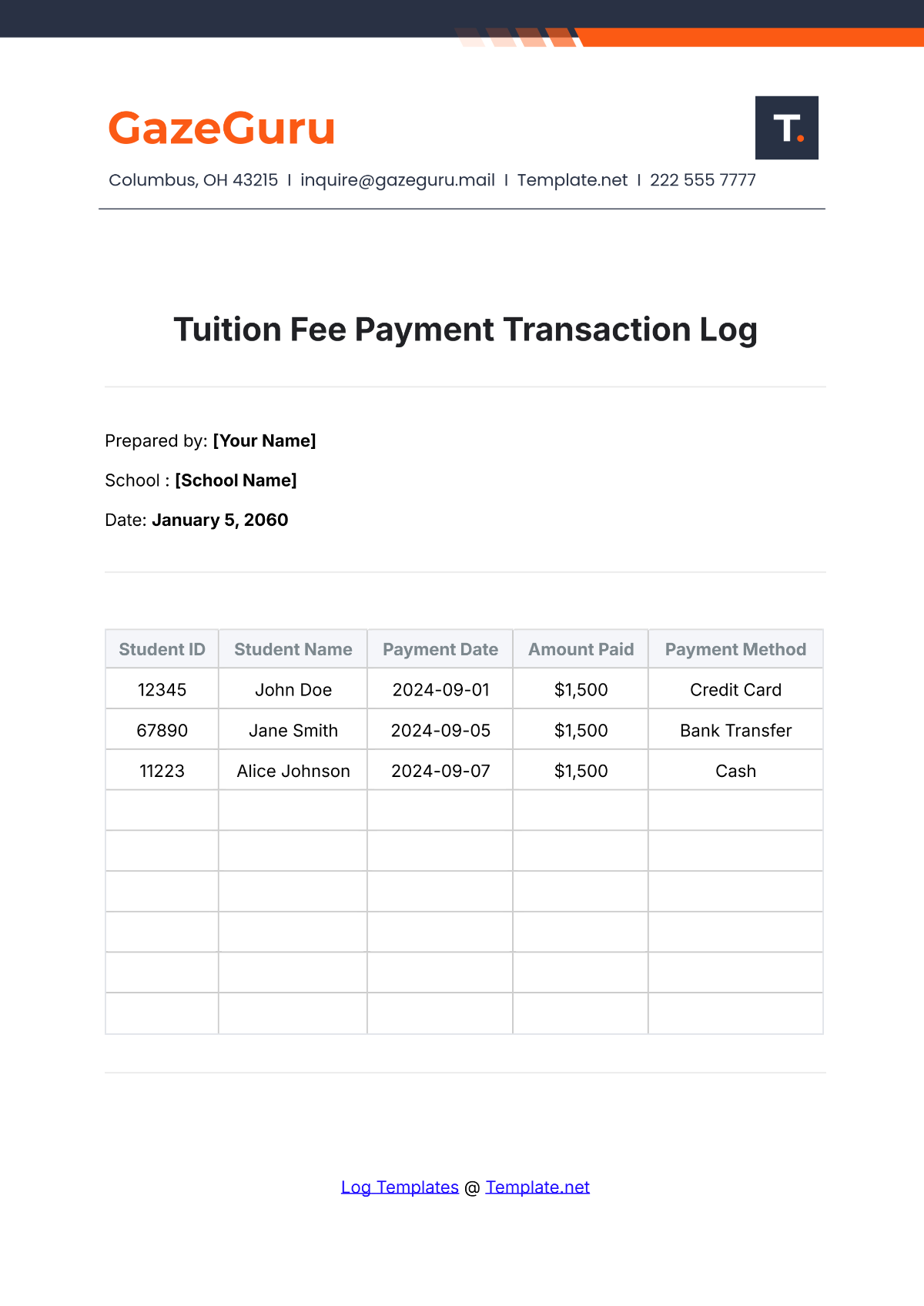 Tuition Fee Payment Transaction Log Template - Edit Online & Download