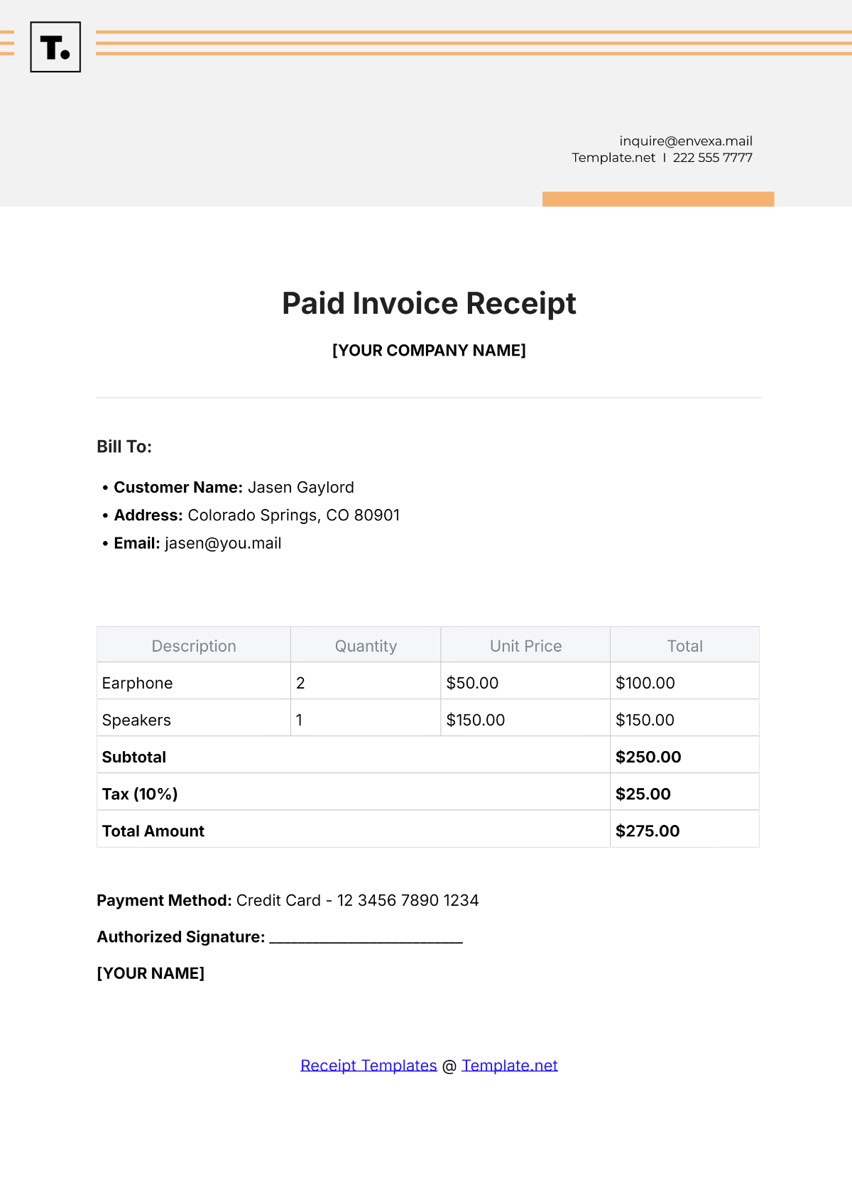 Paid Invoice Receipt Template - Edit Online & Download