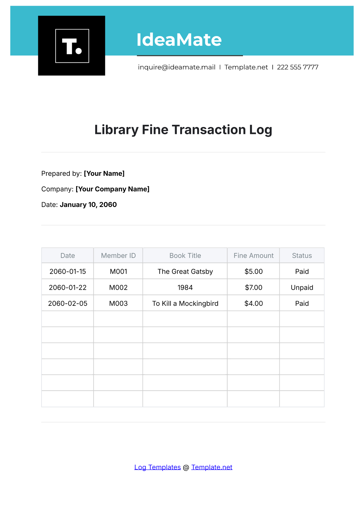 Library Fine Transaction Log Template - Edit Online & Download