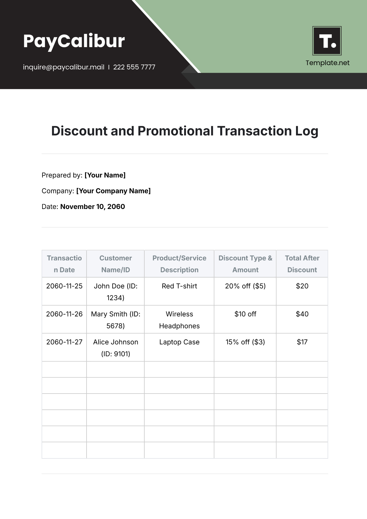 Discount and Promotional Transaction Log Template - Edit Online & Download