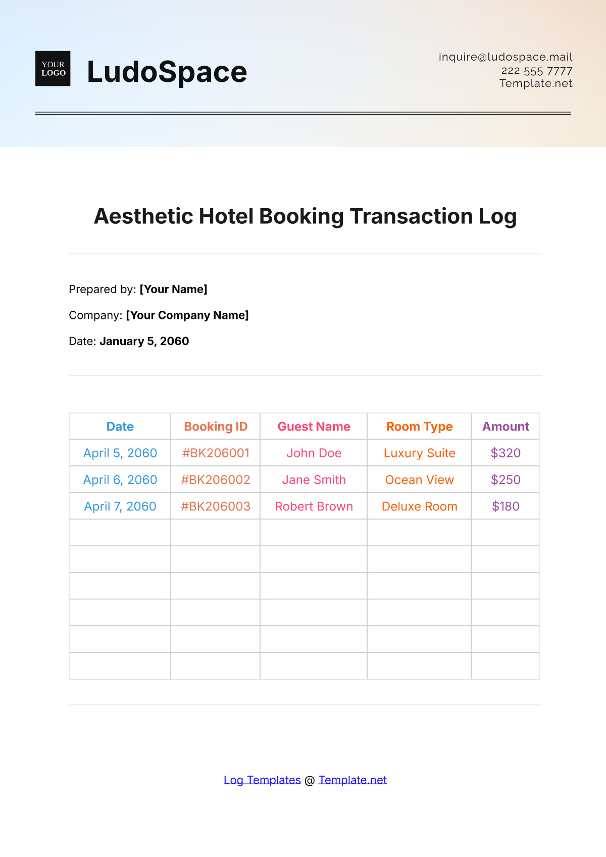 Aesthetic Hotel Booking Transaction Log Template - Edit Online & Download