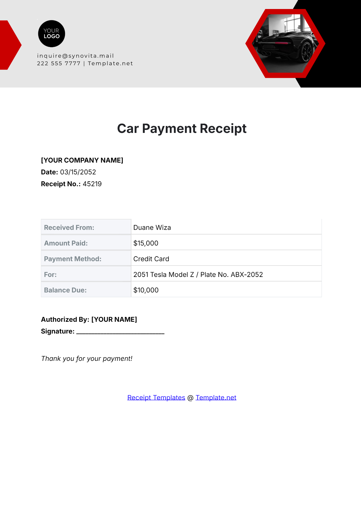 Car Payment Receipt Template - Edit Online & Download