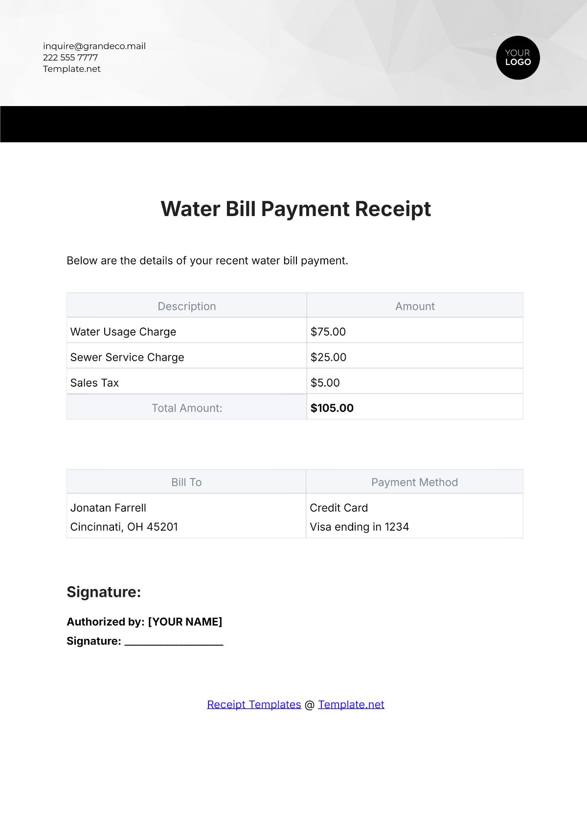 Water Bill Payment Receipt Template - Edit Online & Download