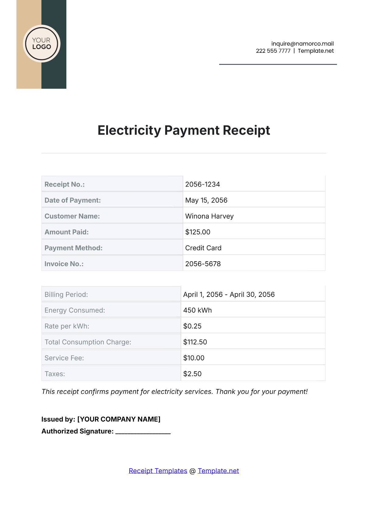 Electricity Payment Receipt Template - Edit Online & Download