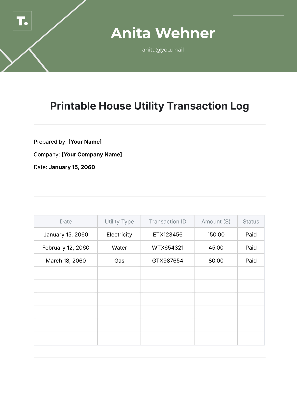 Printable House Utility Transaction Log Template - Edit Online & Download