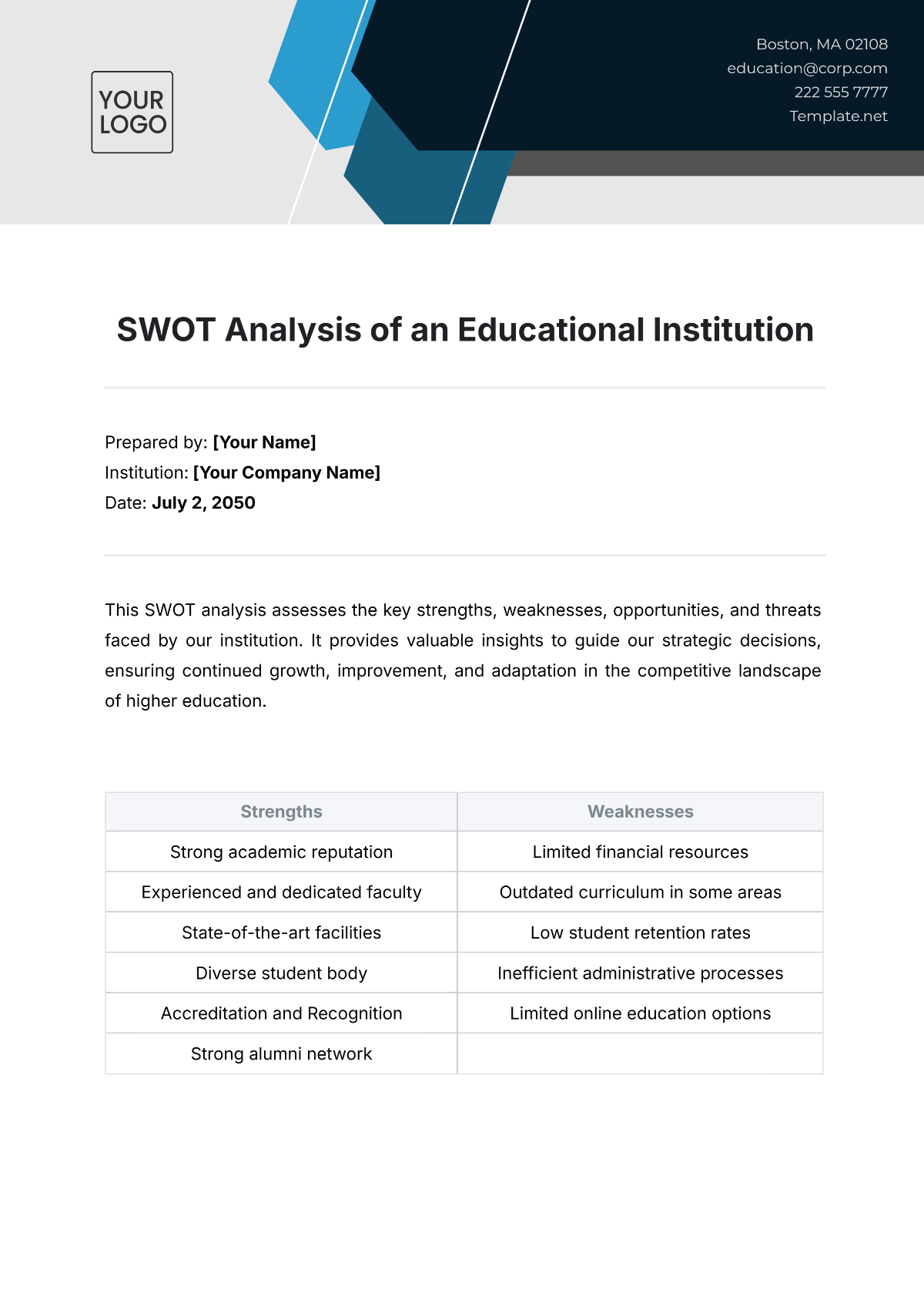 Educational Institution SWOT Analysis Template - Edit Online & Download