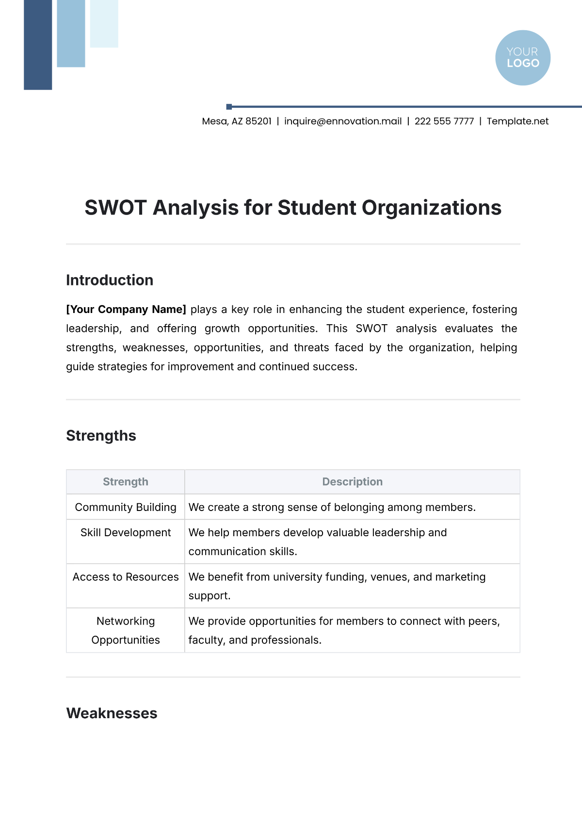 SWOT Analysis for Student Organizations Template - Edit Online & Download