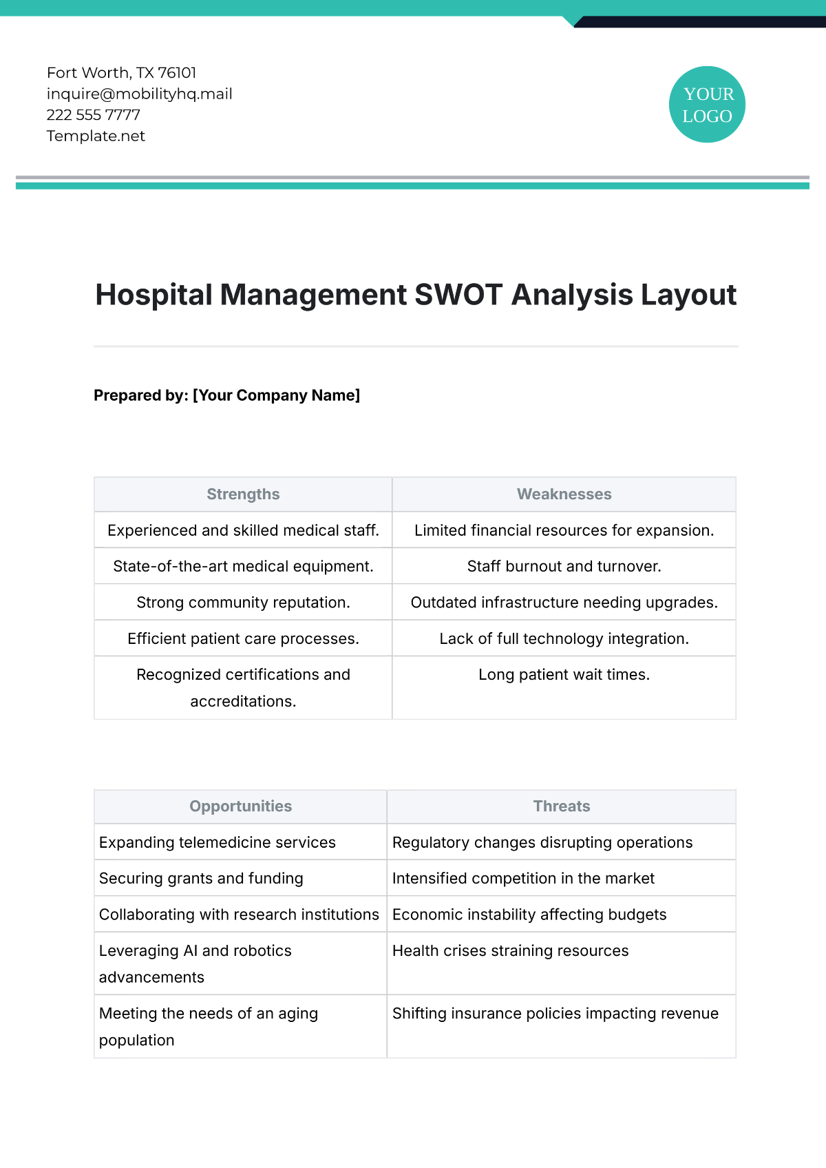 Hospital Management SWOT Analysis Layout Template - Edit Online & Download