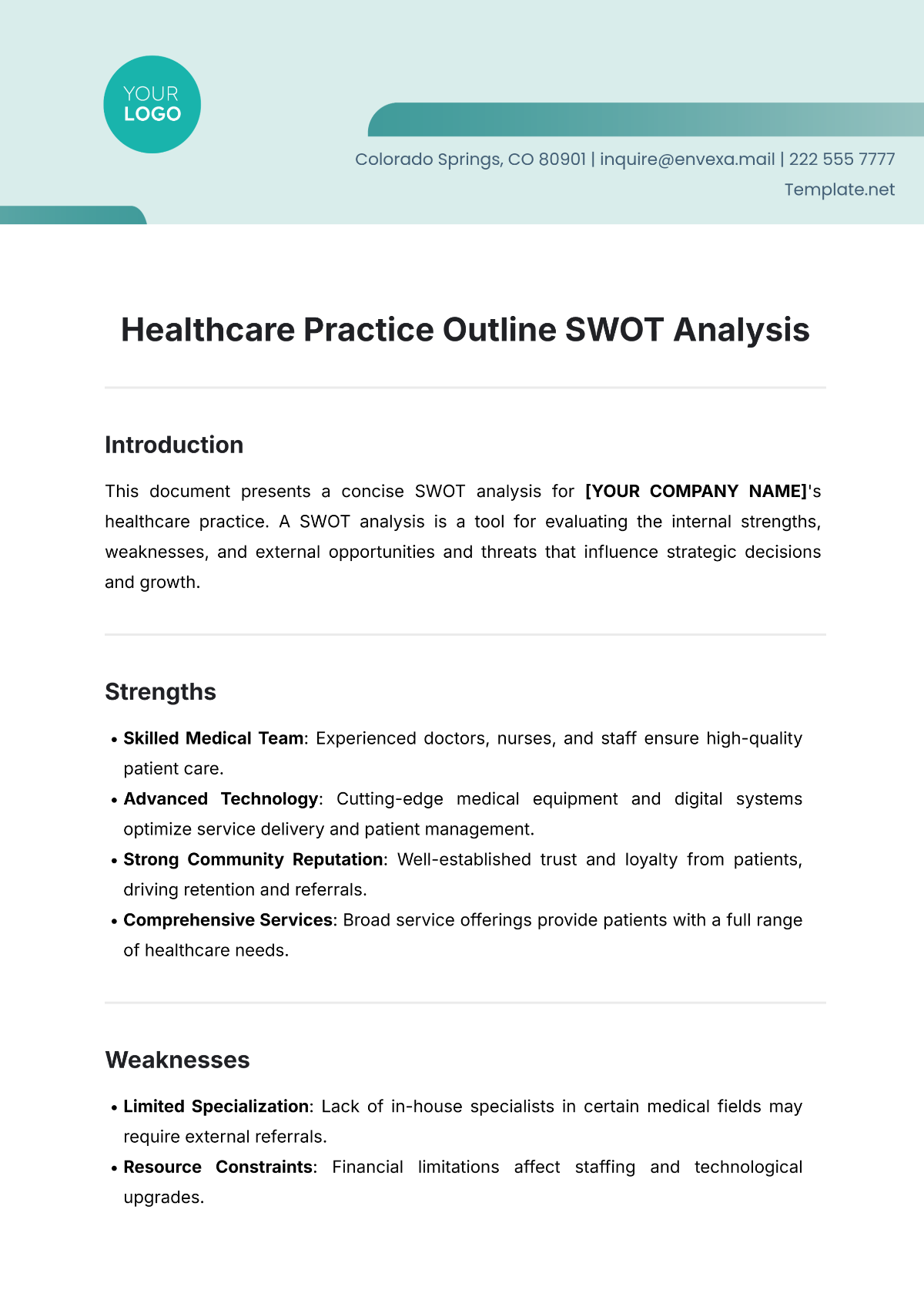 Healthcare Practice Outline SWOT Analysis Template - Edit Online & Download