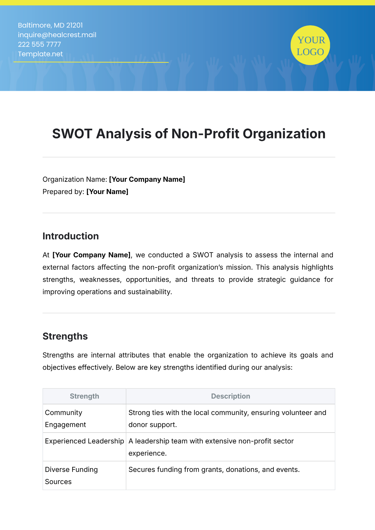 Non-Profit Organization SWOT Analysis Template - Edit Online & Download