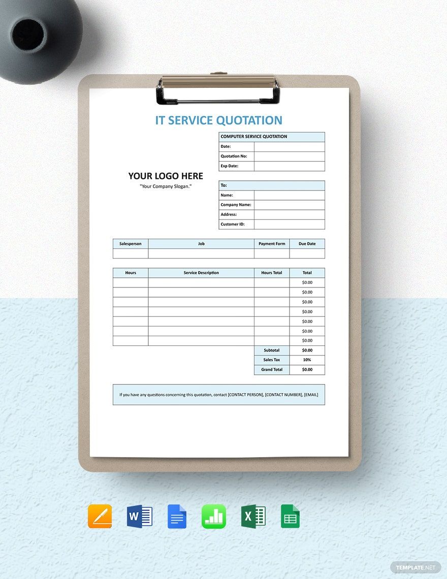 IT Company Service Quotation Template in Word, Google Docs, Excel, Google Sheets, Apple Pages, Apple Numbers
