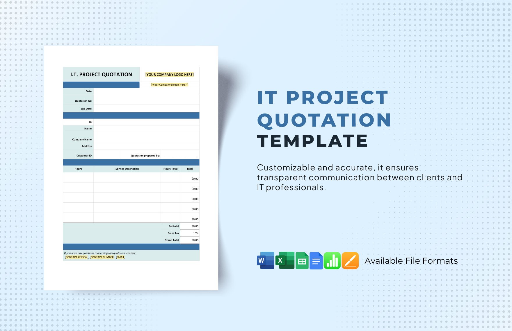 IT Project Quotation Template in Word, Google Docs, Excel, Google Sheets, Apple Pages, Apple Numbers