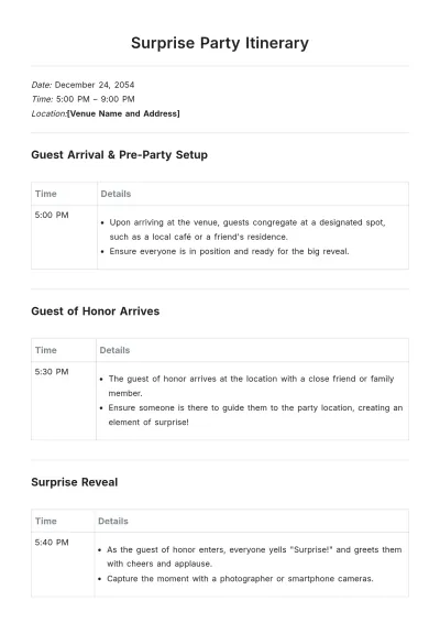 Free Surprise Party Itinerary Template to Edit Online