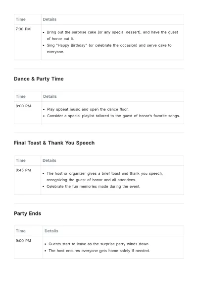 Free Surprise Party Itinerary Template to Edit Online