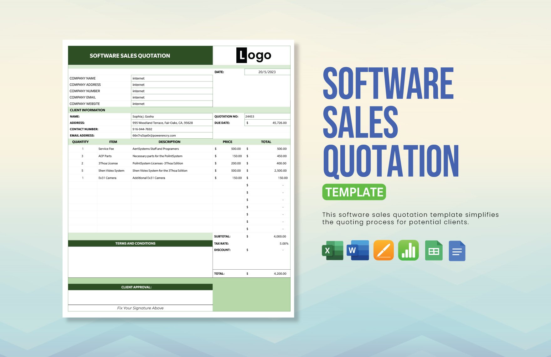 Software Sales Quotation Template in Word, Google Docs, Excel, Google Sheets, Apple Pages, Apple Numbers