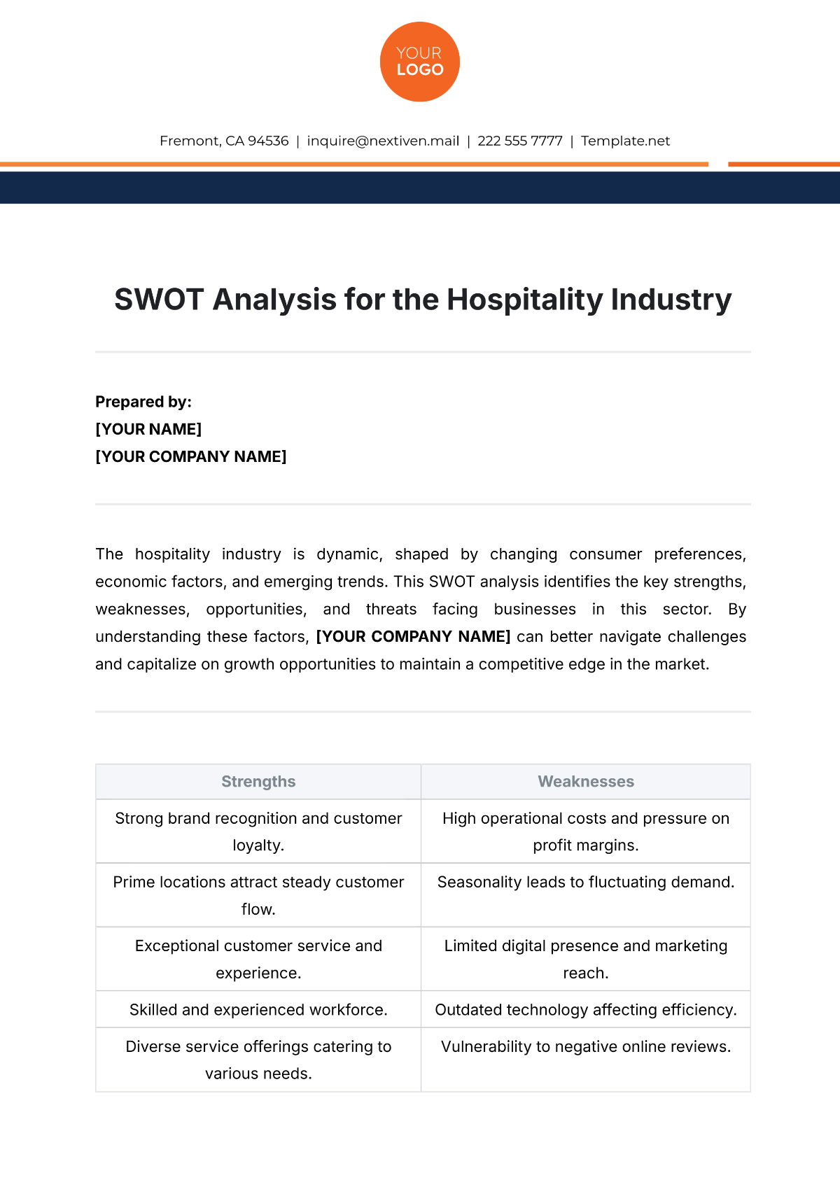 SWOT Analysis for Hospitality Industry Template - Edit Online & Download