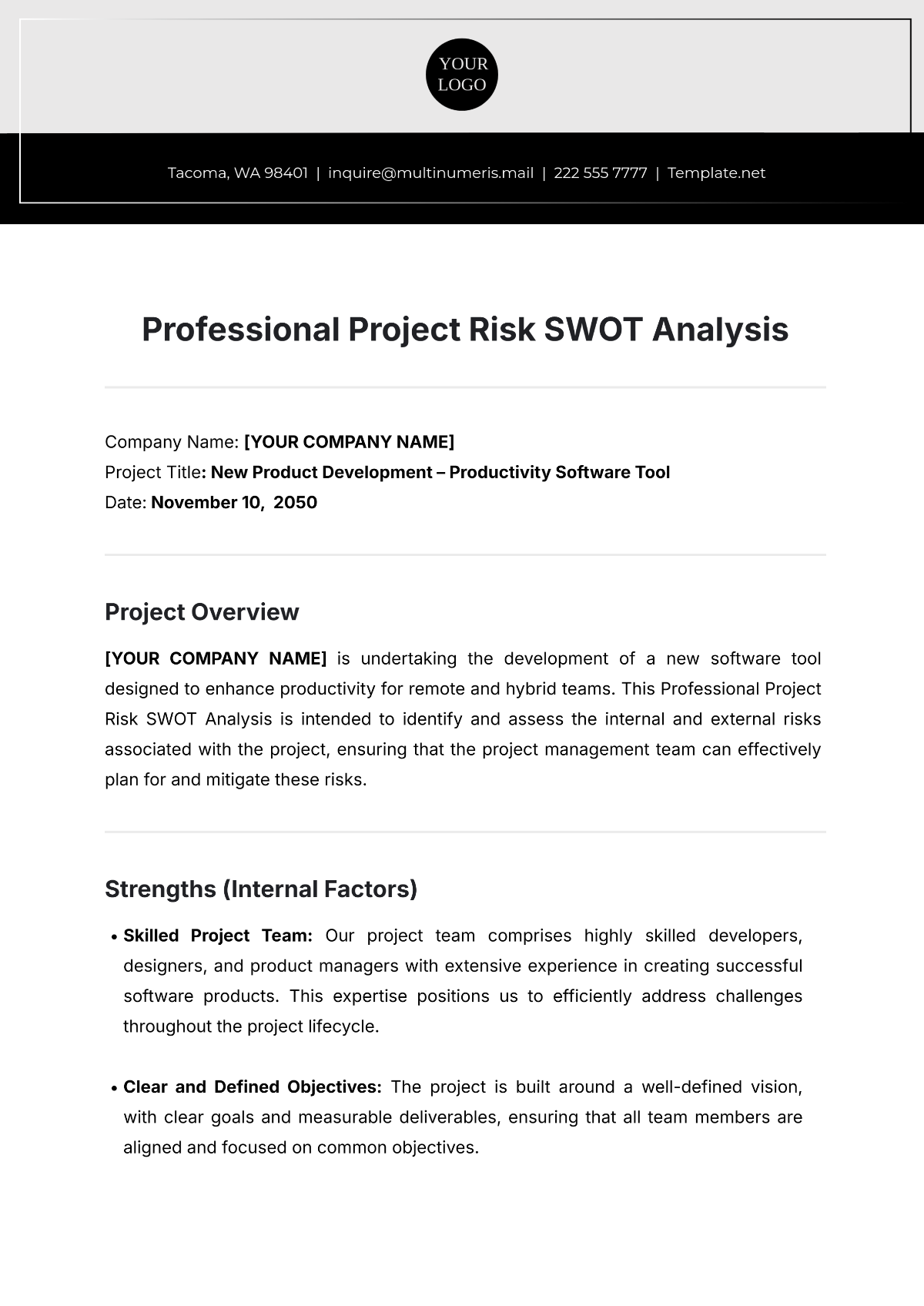 Professional Project Risk SWOT Analysis Template - Edit Online & Download