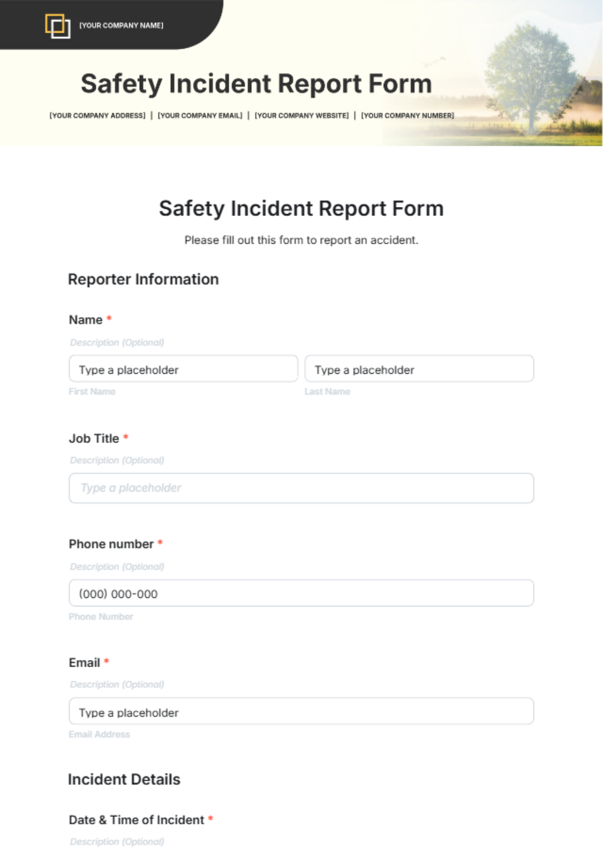 Safety Incident Report Form Template