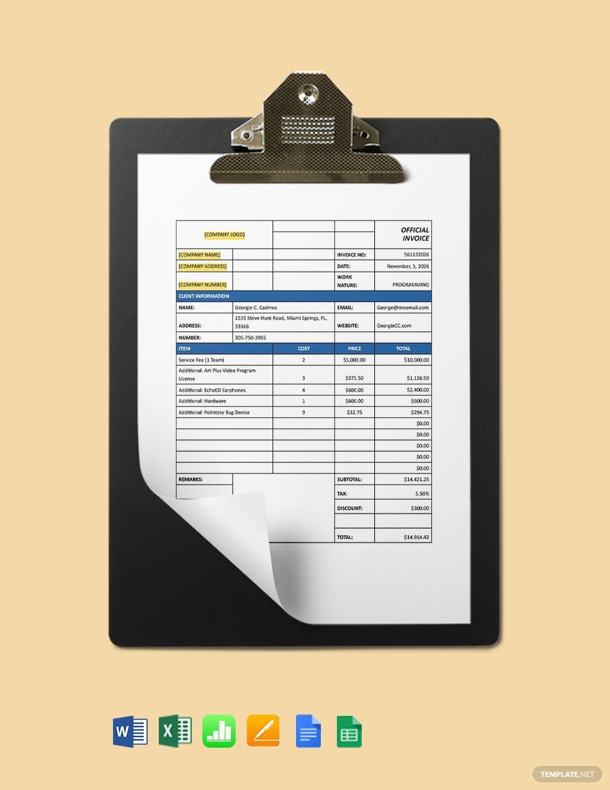 IT Consulting Invoice Template in Word, Google Docs, Excel, Google Sheets, Apple Pages, Apple Numbers