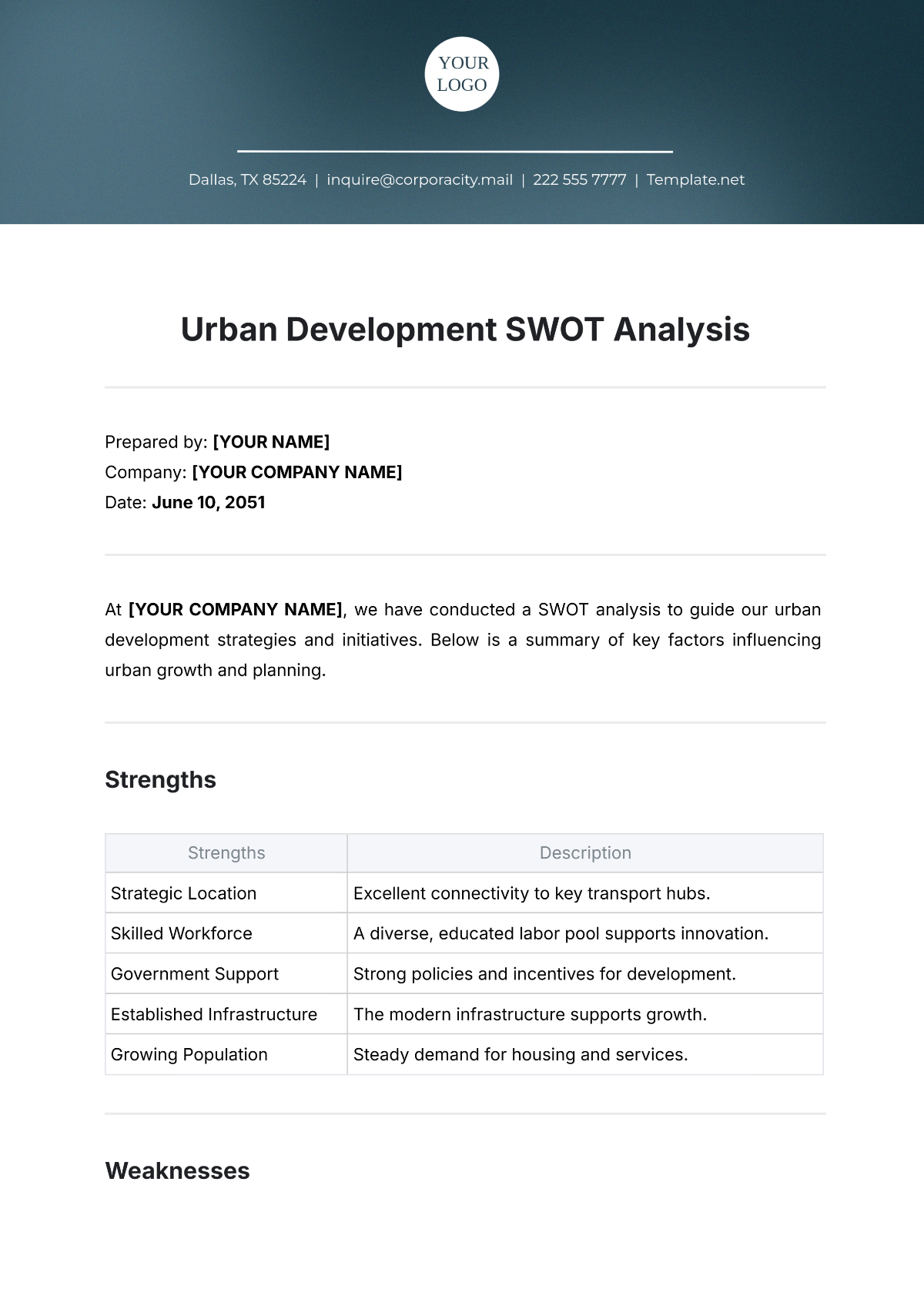 Urban Development SWOT Analysis Template - Edit Online & Download