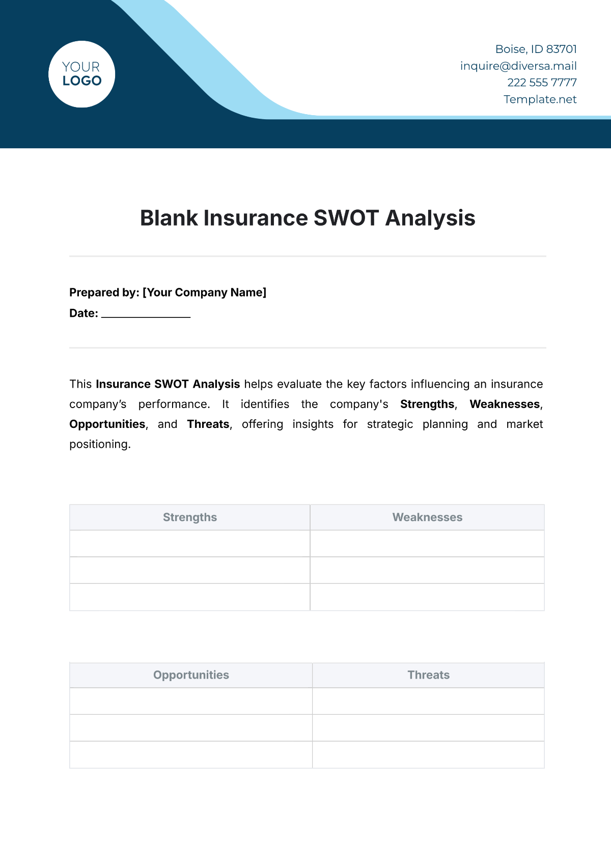 Blank Insurance SWOT Analysis Template - Edit Online & Download