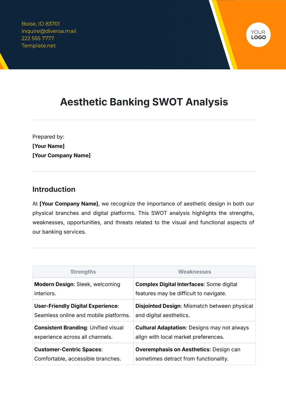 Aesthetic Banking SWOT Analysis Template - Edit Online & Download