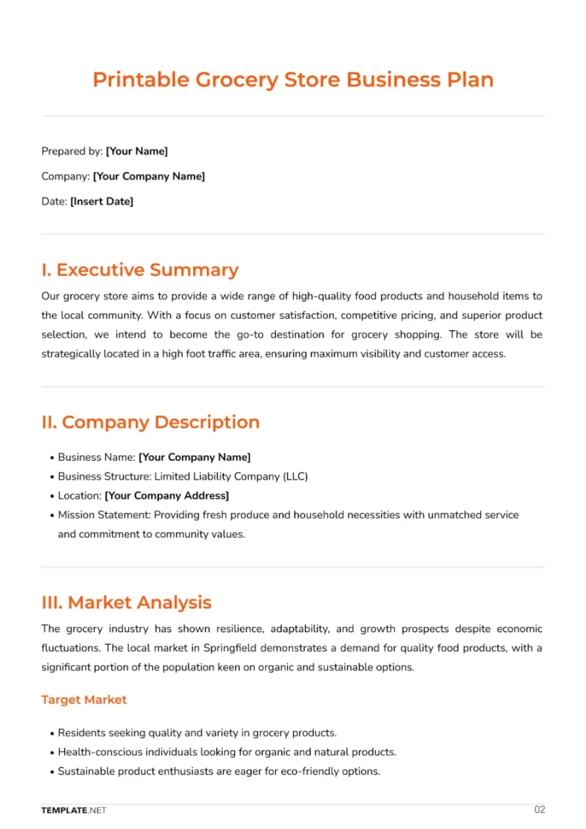 Free Printable Grocery Store Business Plan Template to Edit Online