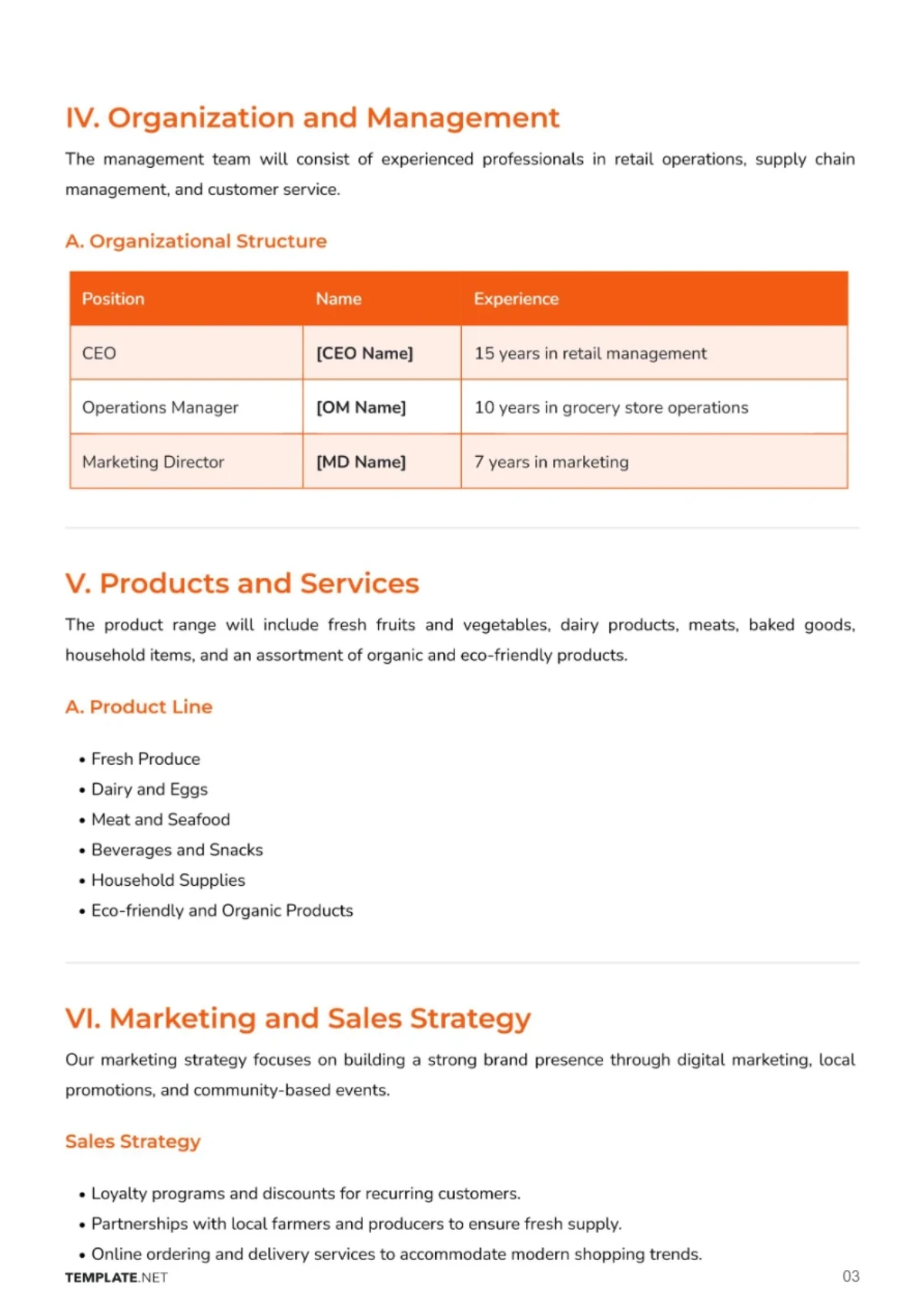 Free Printable Grocery Store Business Plan Template to Edit Online