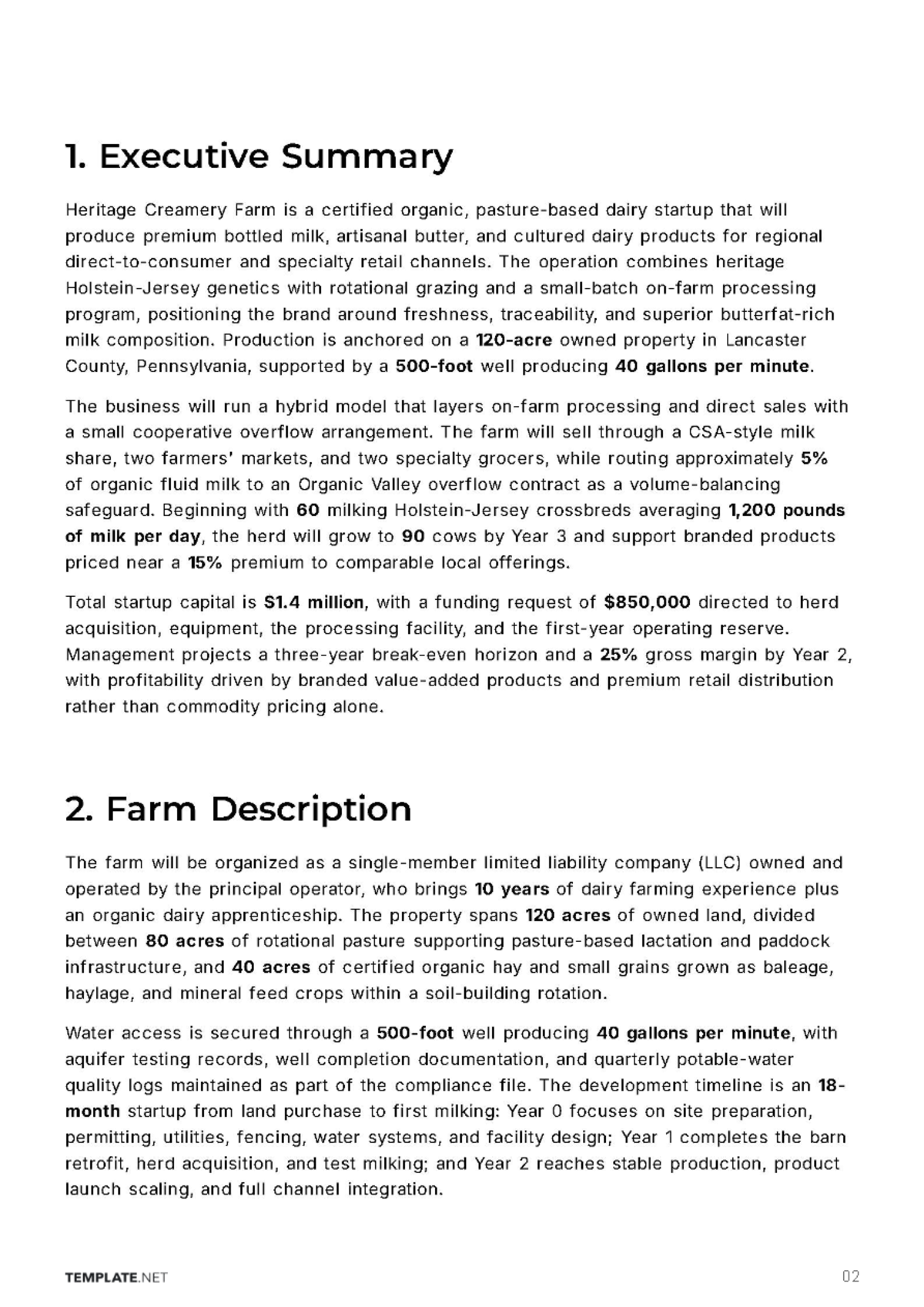 Free Dairy Farm Business Plan Template to Edit Online