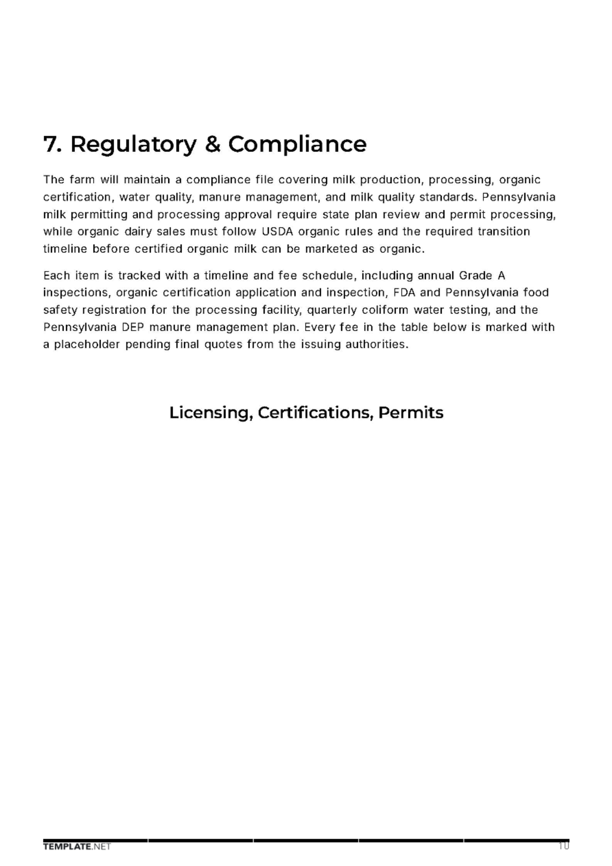 Free Dairy Farm Business Plan Template to Edit Online