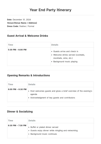 Free Year End Party Itinerary Template to Edit Online
