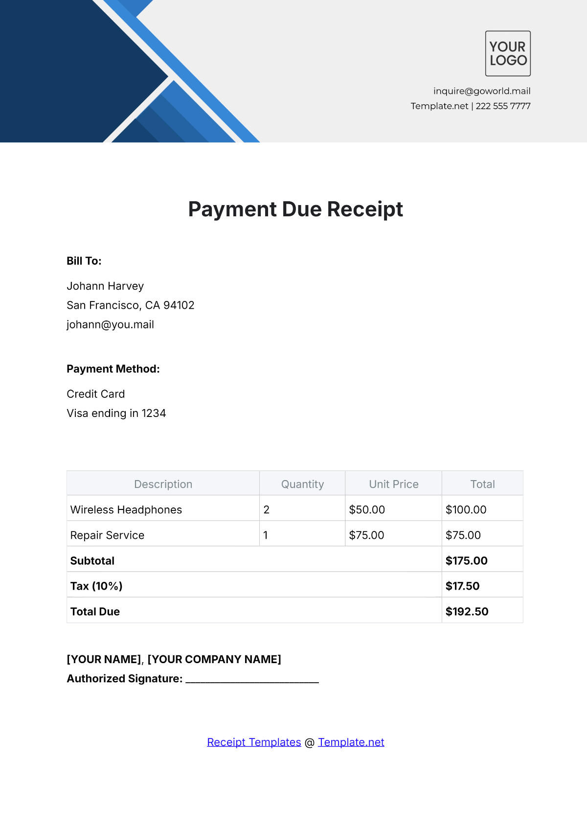 Payment Due Receipt Template - Edit Online & Download