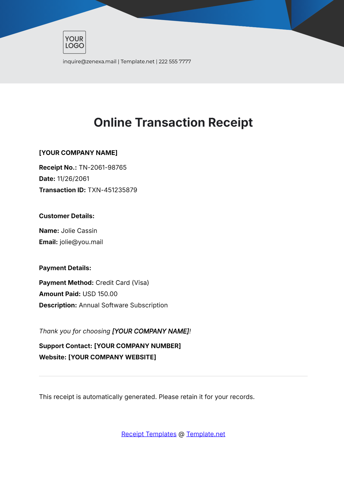 Online Transaction Receipt Template - Edit Online & Download