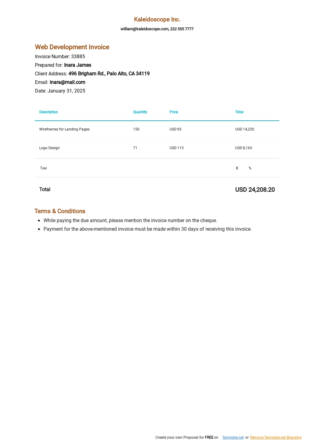 Invoice Template For Website Development