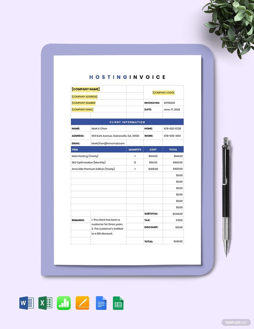 Web Hosting Invoice Template in Word, Google Docs, Excel, Google Sheets, Apple Pages, Apple Numbers